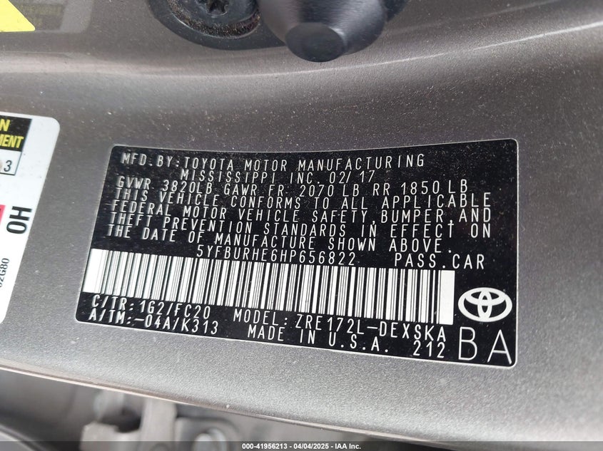 2017 TOYOTA COROLLA VIN: 5YFBURHE6HP656822