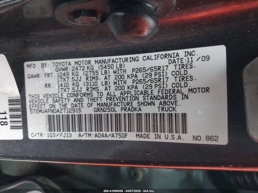 2010 TOYOTA TACOMA VIN: 5TEMU4FN0AZ712915