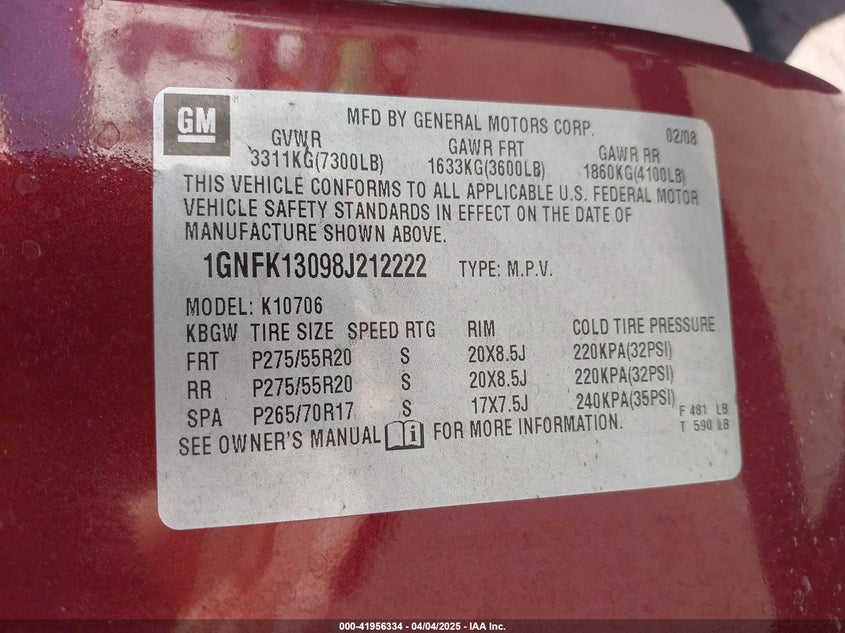 2008 CHEVROLET TAHOE VIN: 1GNFK13098J212222