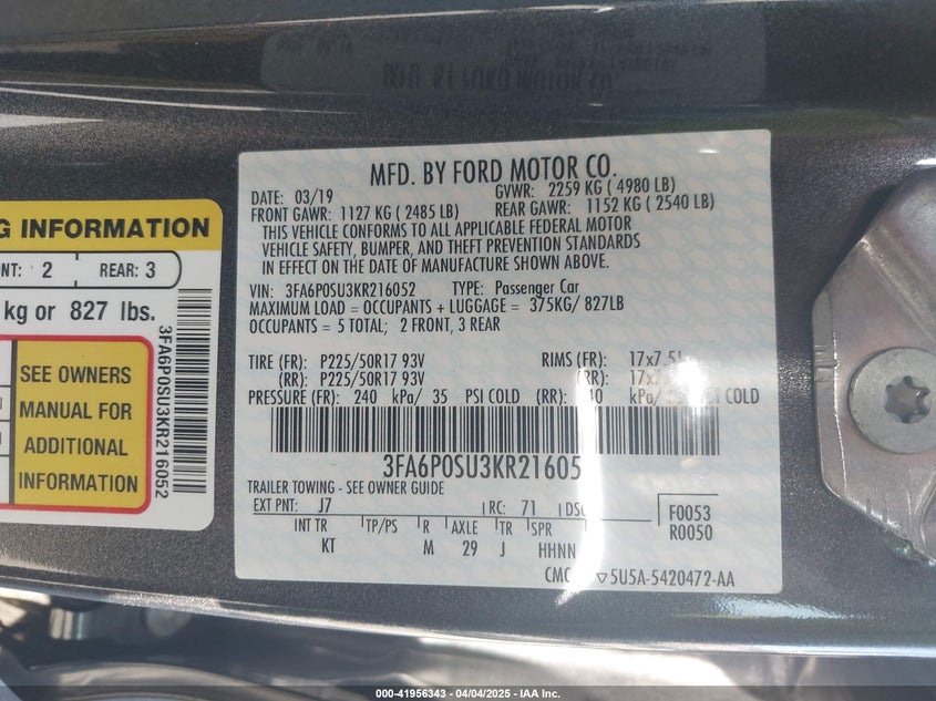 2019 FORD FUSION ENERGI TITANIUM - 3FA6P0SU3KR216052