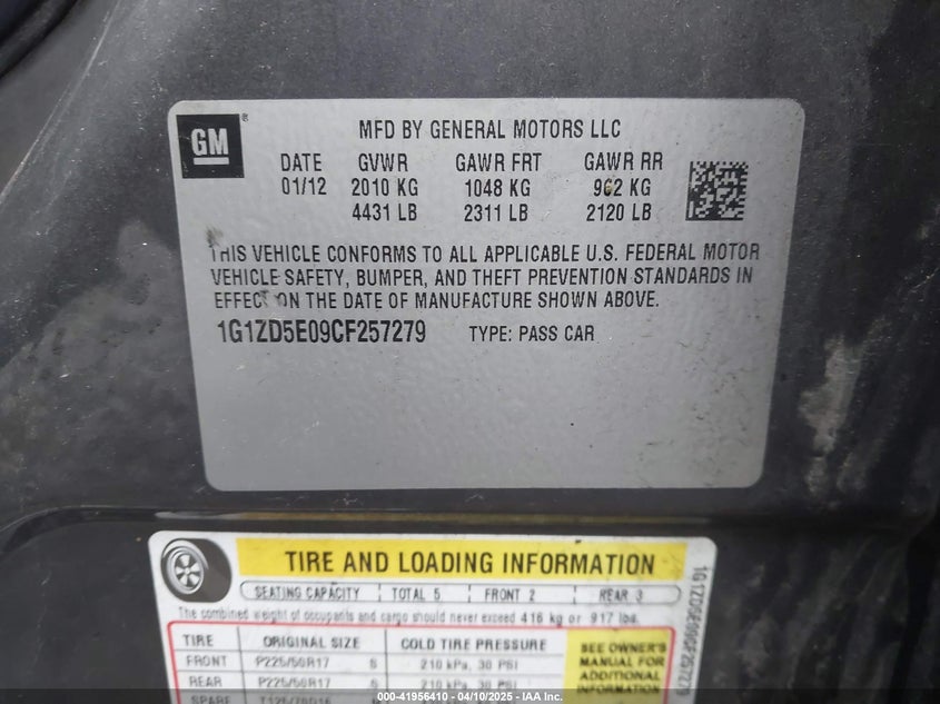 2012 CHEVROLET MALIBU VIN: 1G1ZD5E09CF257279
