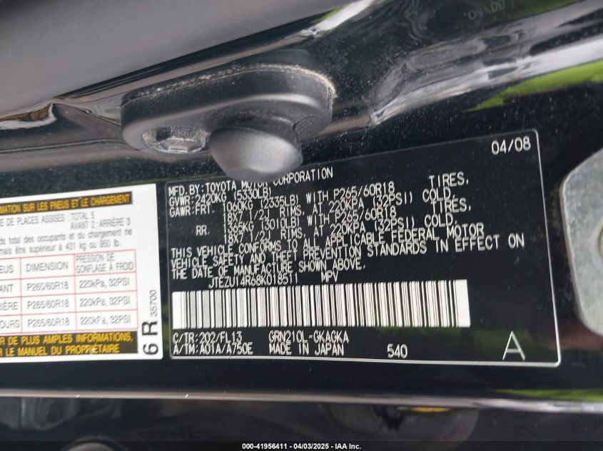 2008 Toyota 4Runner Sport V6 VIN: JTEZU14R68K018511 Lot: 41956411