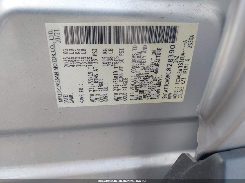 2021 NISSAN ROGUE VIN: 5N1AT3CA0MC828390