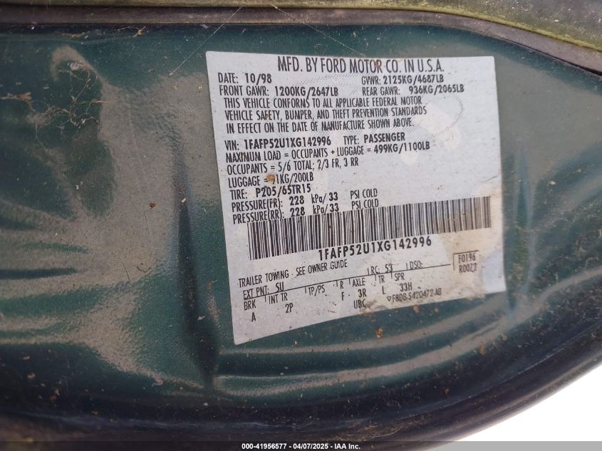 1999 Ford Taurus Lx VIN: 1FAFP52U1XG142996 Lot: 41956577