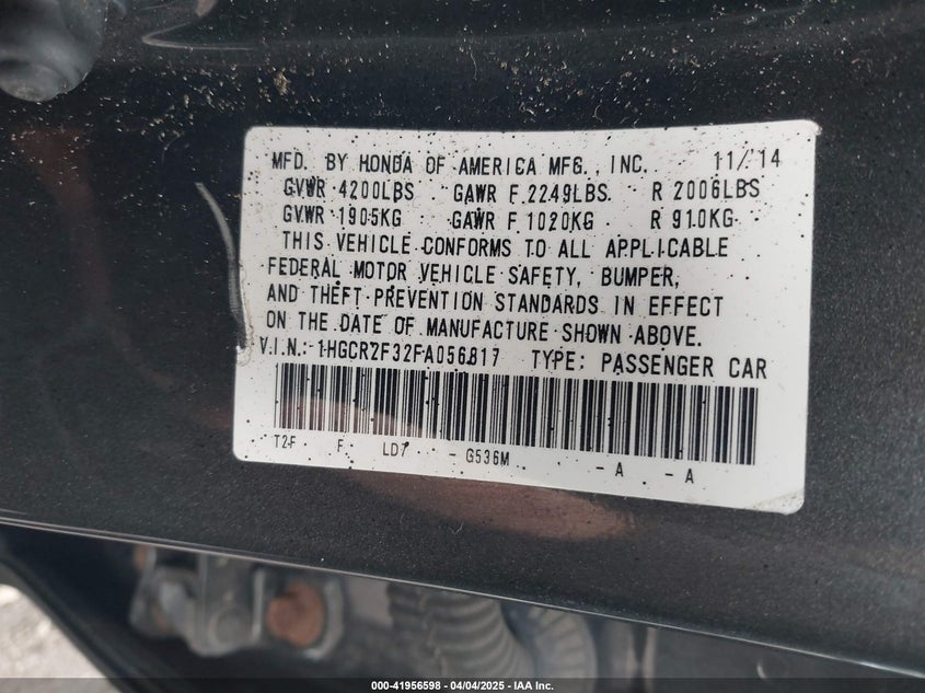 2015 HONDA ACCORD VIN: 1HGCR2F32FA056817