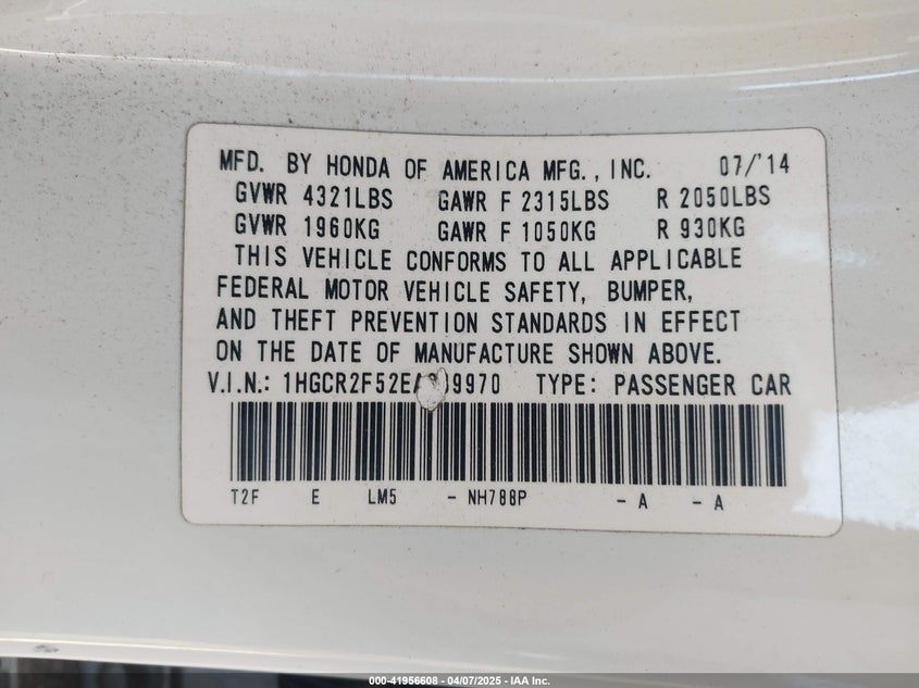 2014 HONDA ACCORD VIN: 1HGCR2F52EA289970