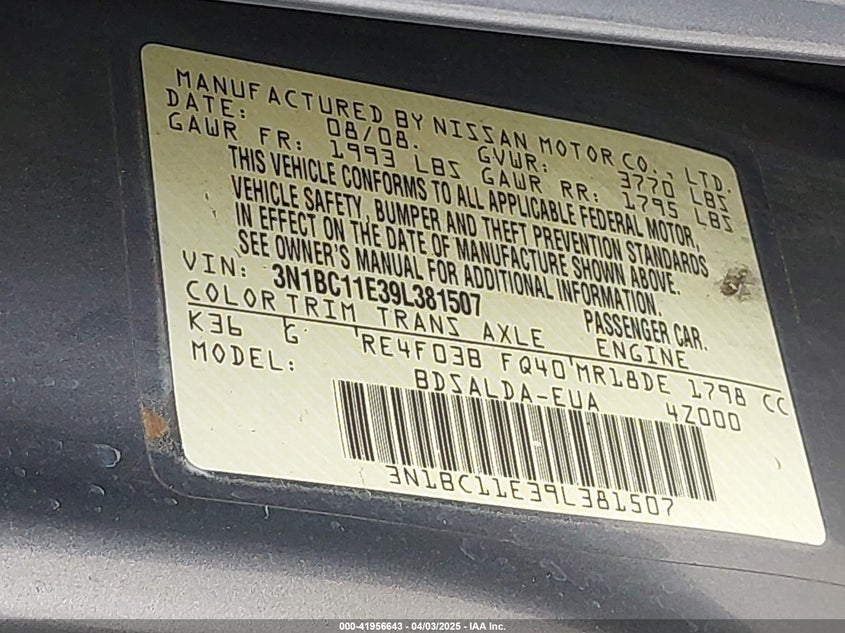 2009 NISSAN VERSA VIN: 3N1BC11E39L381507