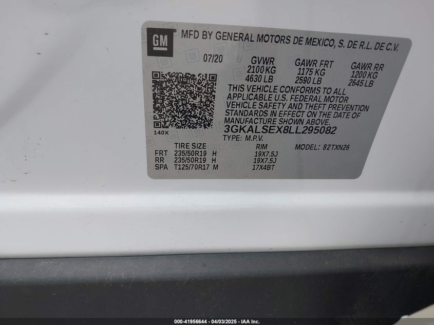 2020 GMC TERRAIN VIN: 3GKALSEX8LL295082