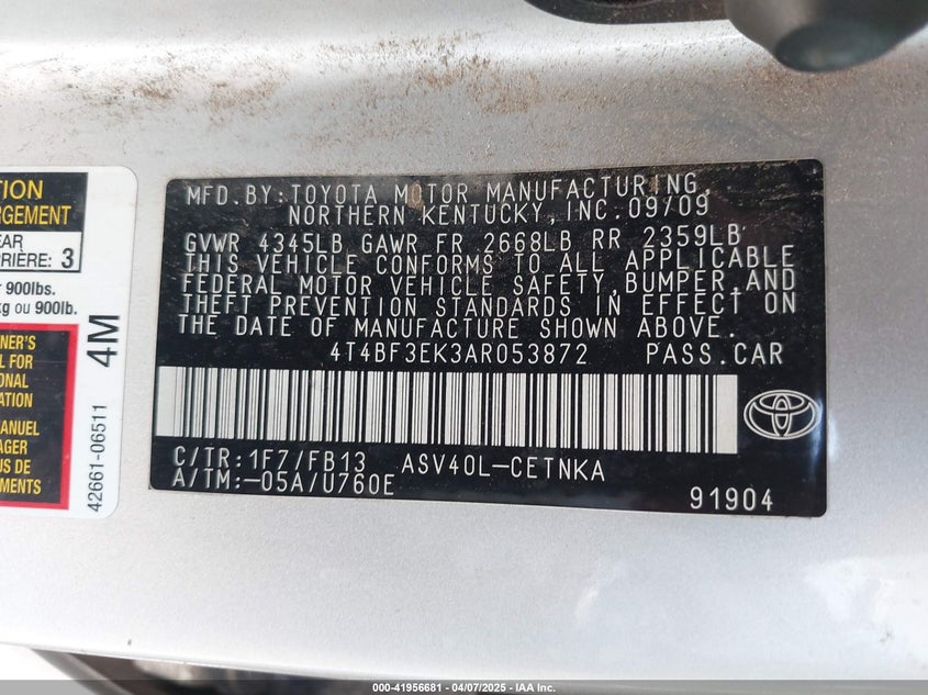 2010 TOYOTA CAMRY VIN: 4T4BF3EK3AR053872