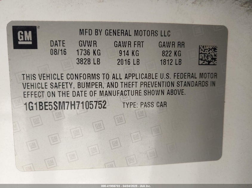 2017 CHEVROLET CRUZE VIN: 1G1BE5SM7H7105752