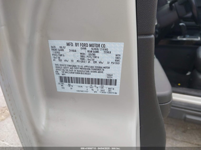 2008 FORD ESCAPE VIN: 1FMCU94108KB33023