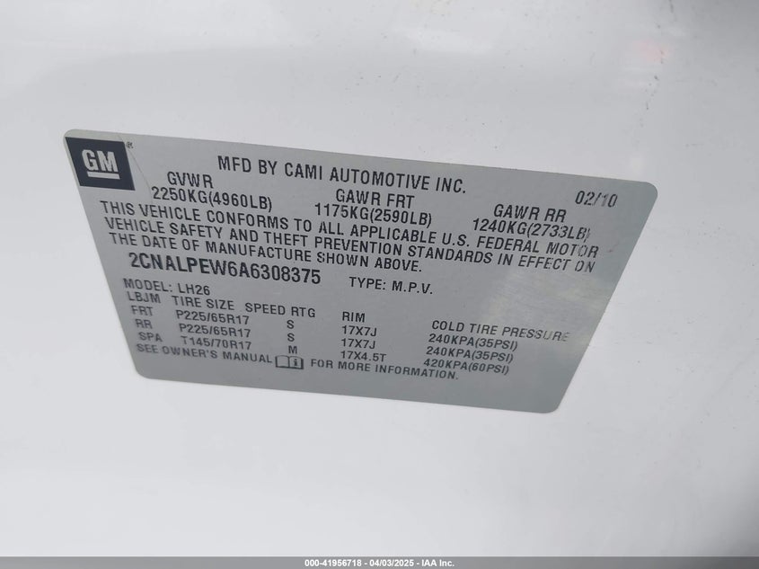 2010 CHEVROLET EQUINOX VIN: 2CNALPEW6A6308375