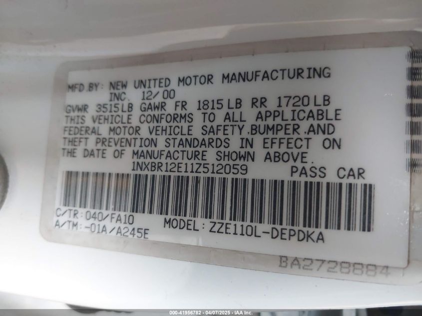 2001 Toyota Corolla VIN: IMXBR12E11Z512059 Lot: 41956782