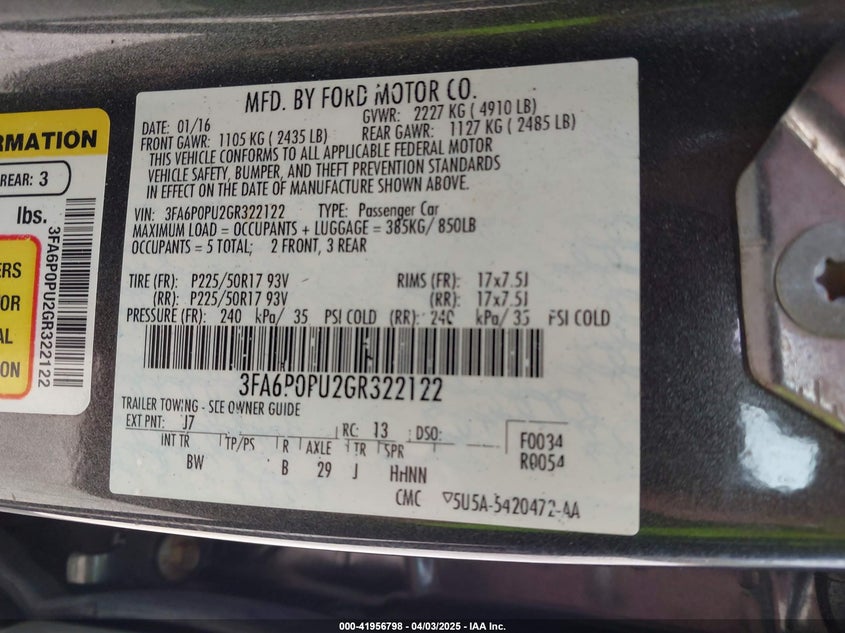 2016 FORD FUSION ENERGI VIN: 3FA6P0PU2GR322122