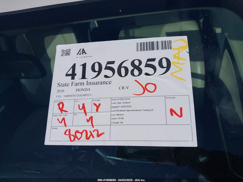 2016 HONDA CR-V VIN: 5J6RM3H72GL000213