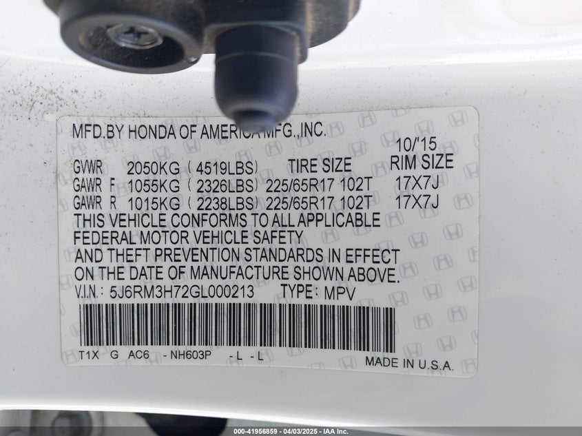 2016 HONDA CR-V VIN: 5J6RM3H72GL000213