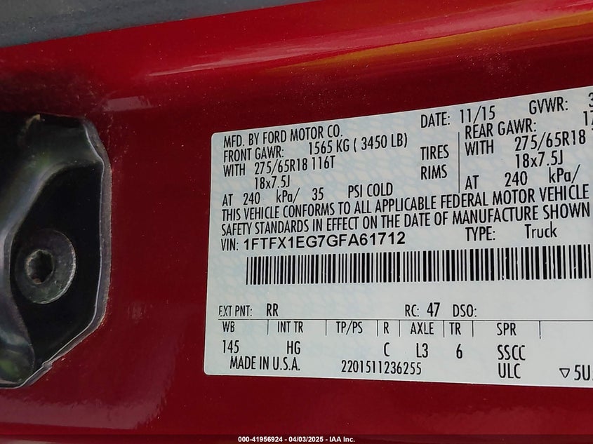 2016 FORD F-150 VIN: 1FTFX1EG7GFA61712