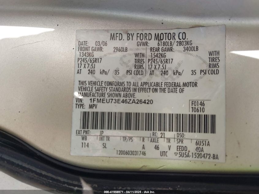 2006 Ford Explorer Xlt VIN: 1FMEU73E46ZA26420 Lot: 41956971