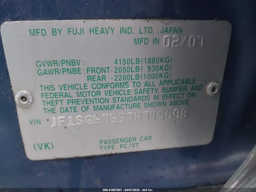 2007 Subaru Forester 2.5X L.l. Bean Edition VIN: JF1SG67657H745698 Lot: 41957007