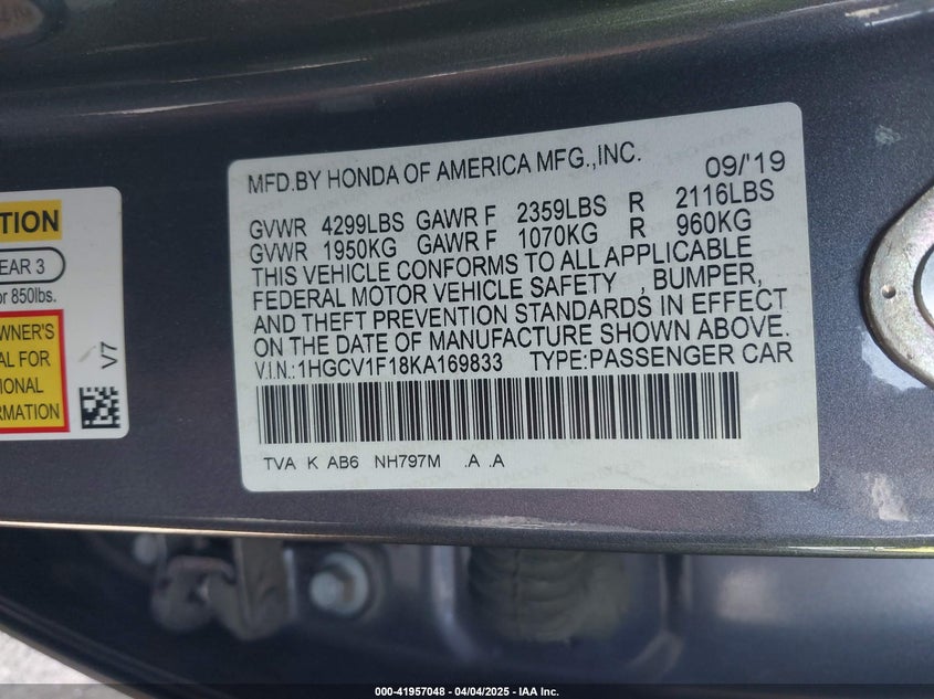 2019 HONDA ACCORD VIN: 1HGCV1F18KA169833