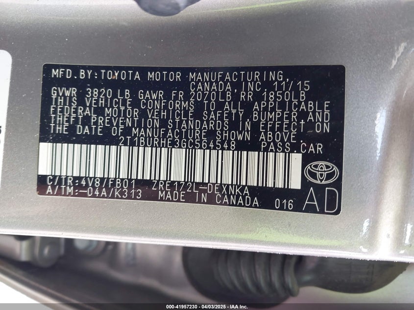 2016 TOYOTA COROLLA VIN: 2T1BURHE3GC564548