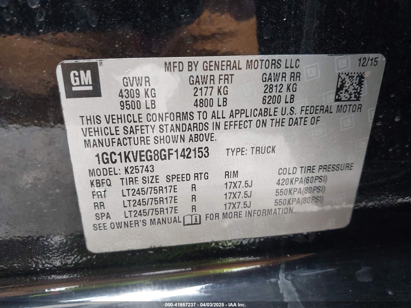 2016 CHEVROLET SILVERADO 2500HD VIN: 1GC1KVEG8GF142153