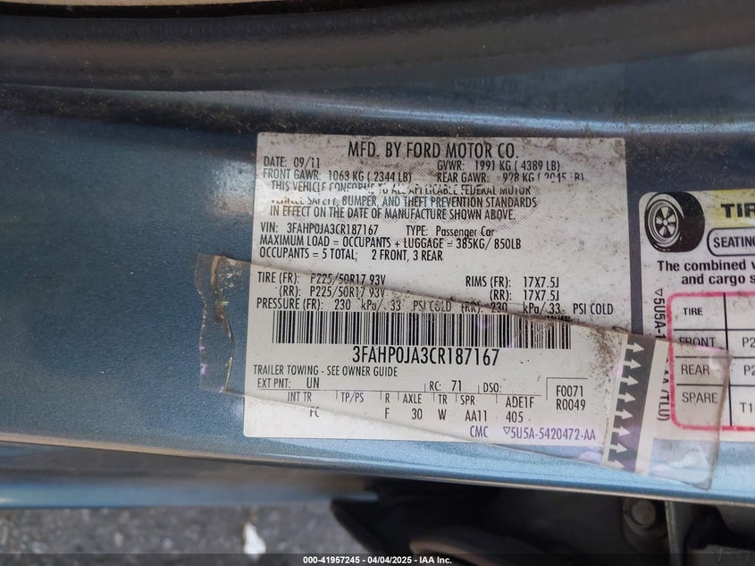 2012 FORD FUSION VIN: 3FAHP0JA3CR187167