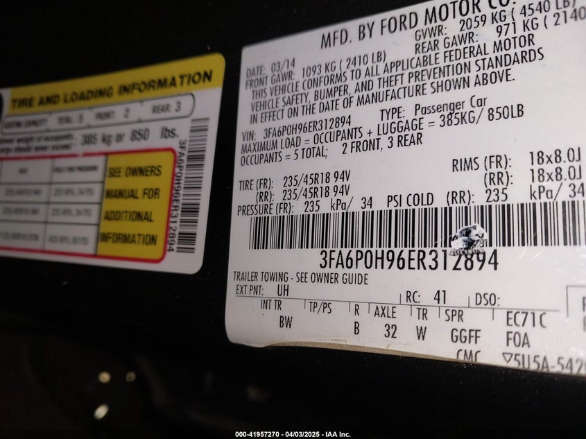 2014 FORD FUSION VIN: 3FA6P0H96ER312894