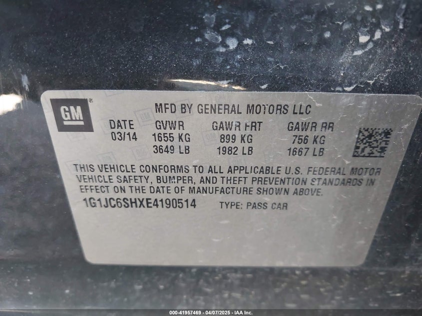 2014 CHEVROLET SONIC VIN: 1G1JC6SHXE4190514