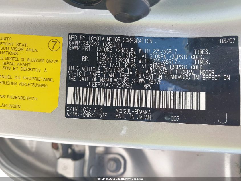 2007 Toyota Highlander Limited V6 VIN: JTEEP21A770224960 Lot: 41957504