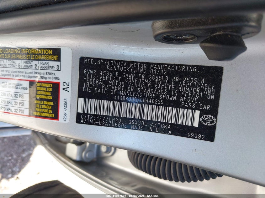 2012 TOYOTA AVALON VIN: 4T1BK3DB7CU446235