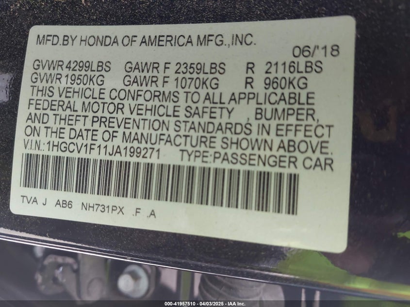 2018 HONDA ACCORD VIN: 1HGCV1F11JA199271