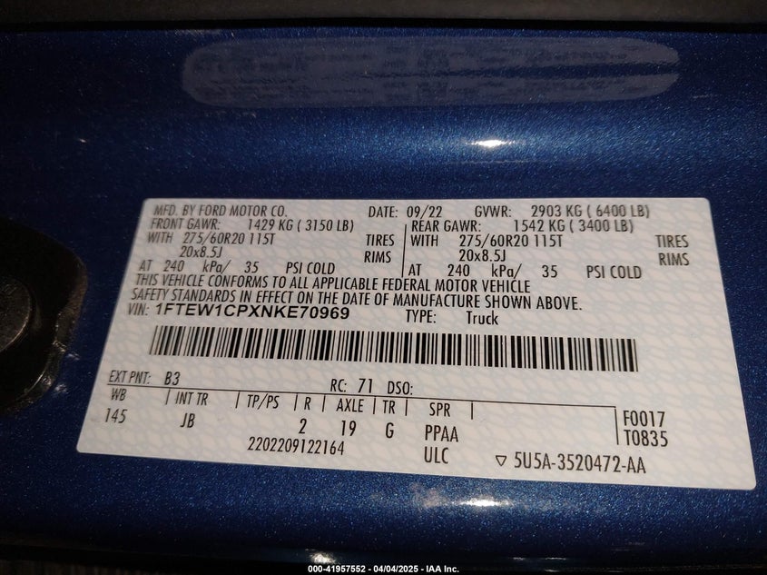 2022 FORD F-150 VIN: 1FTEW1CPXNKE70969