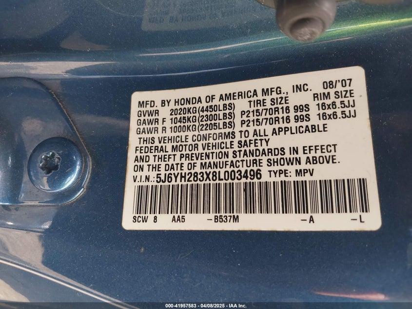2008 Honda Element Lx VIN: 5J6YH283X8L003496 Lot: 41957583