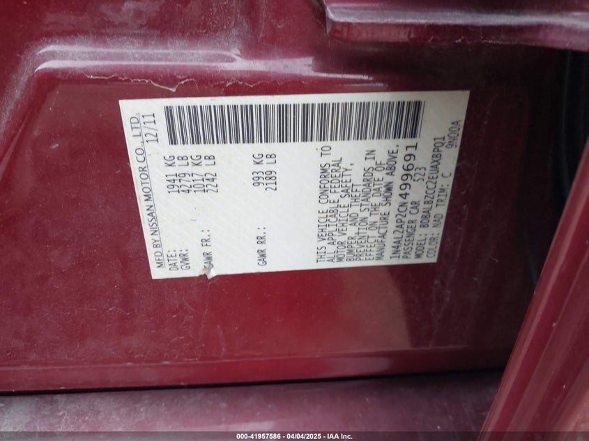 2012 NISSAN ALTIMA VIN: 1N4AL2AP2CN499691