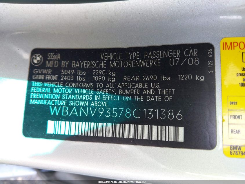 2008 BMW 535Xi VIN: WBANV93578C131386 Lot: 41957616