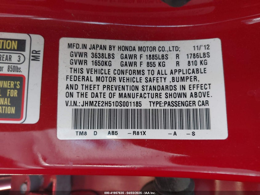 2013 HONDA INSIGHT VIN: JHMZE2H51DS001185