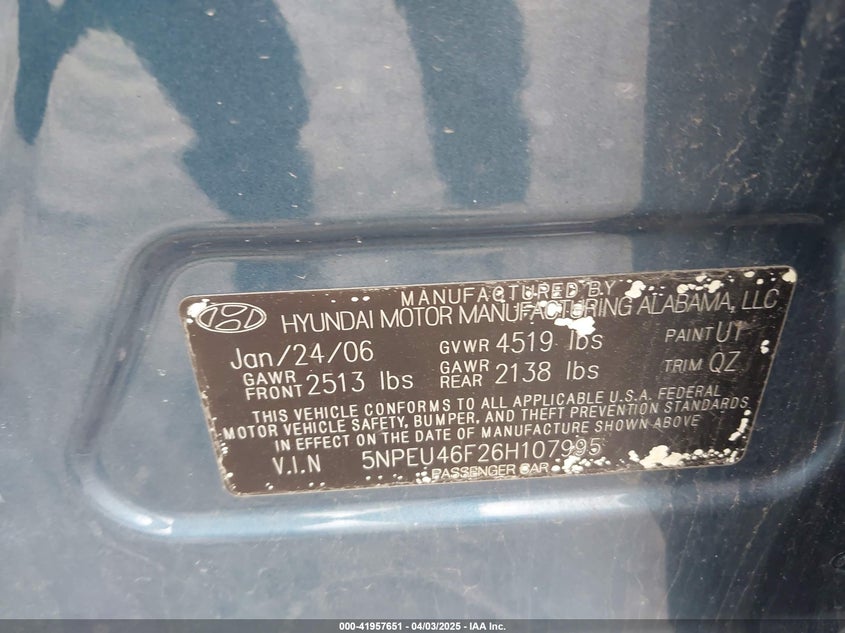 2006 HYUNDAI SONATA VIN: 5NPEU46F26H107995