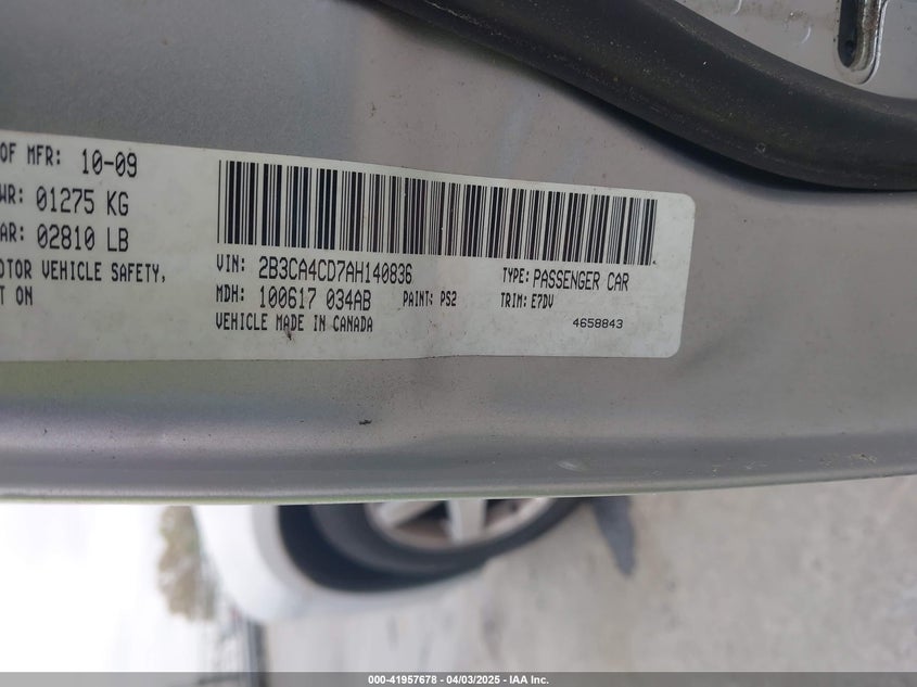 2010 DODGE CHARGER VIN: 2B3CA4CD7AH140836