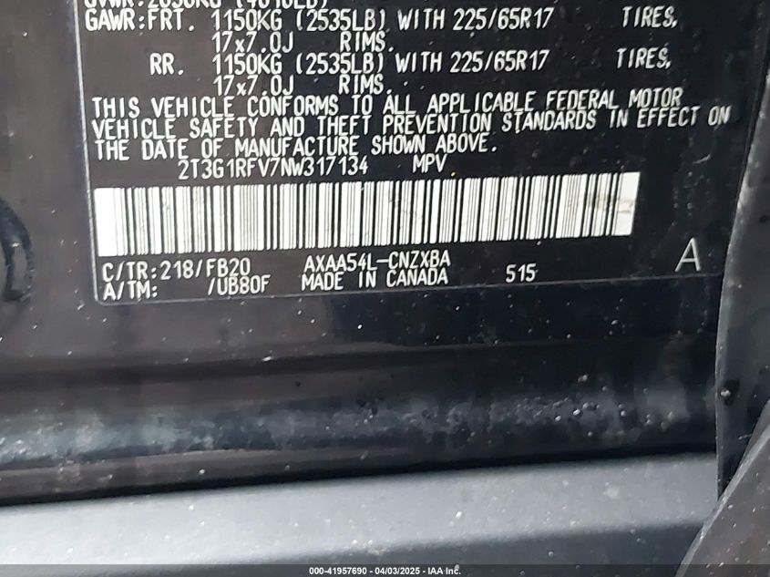 2022 Toyota Rav4 Le VIN: 2T3G1RFV7NW317134 Lot: 41957690