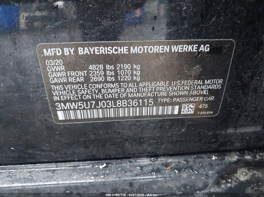 2020 BMW 3 SERIES VIN: 3MW5U7J03L8B36115