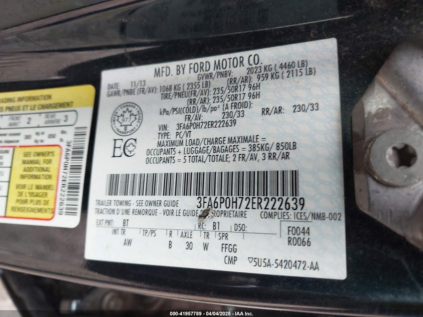 2014 FORD FUSION VIN: 3FA6P0H72ER222639