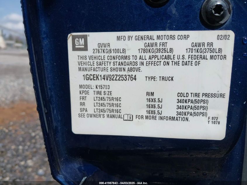 2002 Chevrolet Silverado 1500 VIN: 1GCEK14V92Z253764 Lot: 41957843