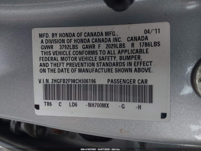 2012 Honda Civic VIN: THGFB2F98CH506196 Lot: 41957869