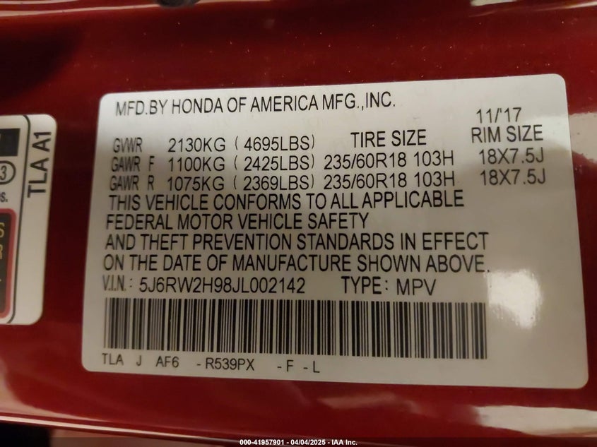 2018 HONDA CR-V TOURING - 5J6RW2H98JL002142