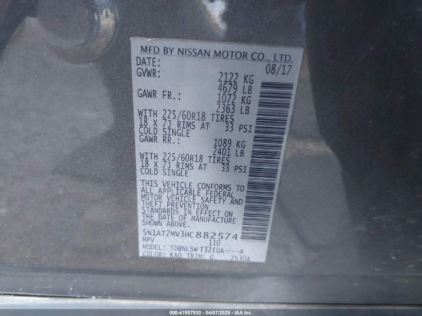 2017 Nissan Rogue Sl VIN: 5N1AT2MV3HC882574 Lot: 41957930