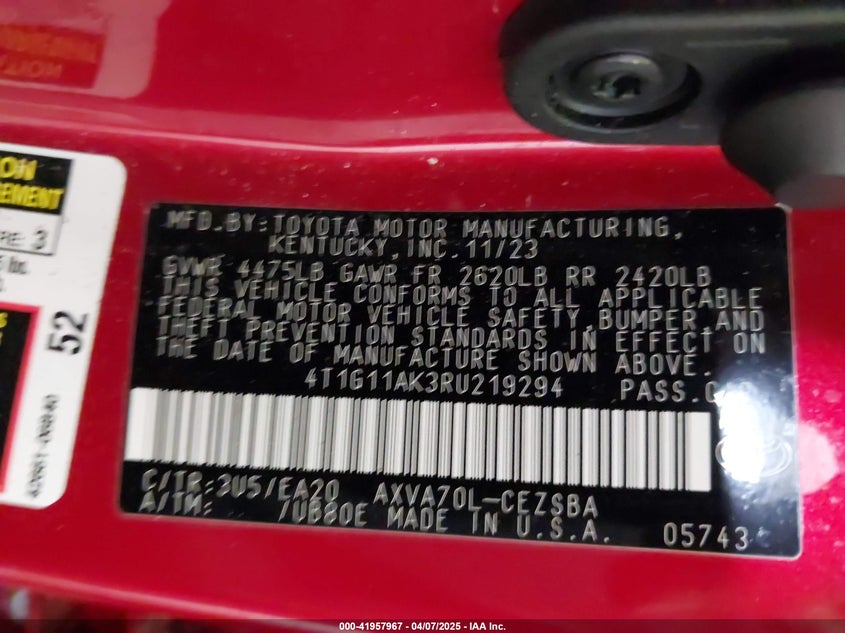 2024 TOYOTA CAMRY VIN: 4T1G11AK3RU219294