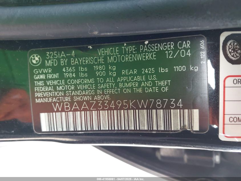 2005 BMW 325I VIN: WBAAZ33495KW78734 Lot: 41958061