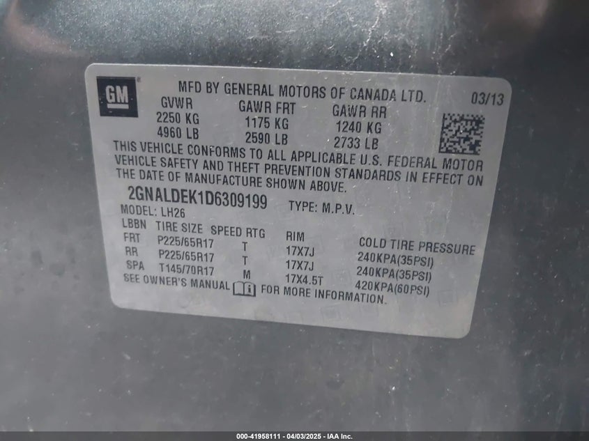 2013 CHEVROLET EQUINOX VIN: 2GNALDEK1D6309199
