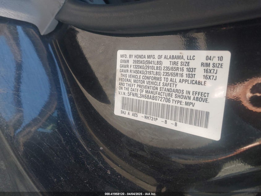 2010 HONDA ODYSSEY VIN: 5FNRL3H68AB072706